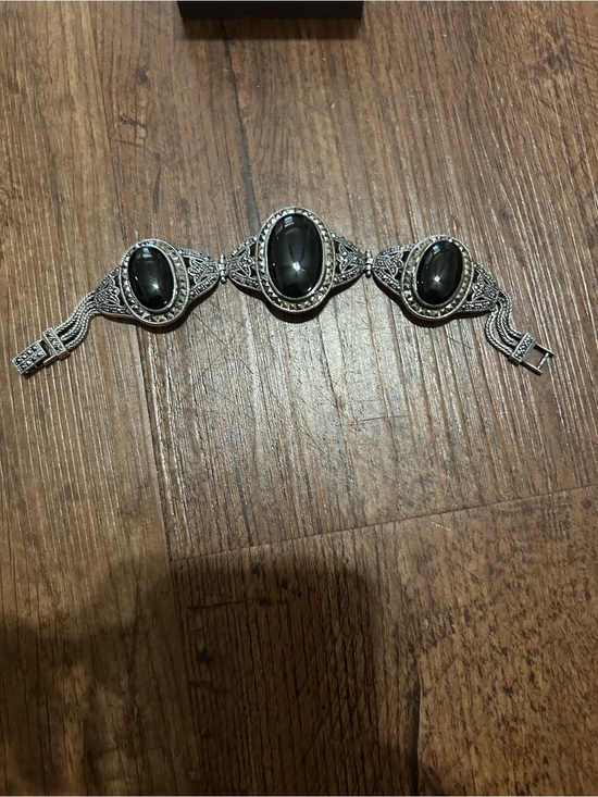Source Unknown Jewelry - Vintage Sterling Silver 925 Onyx Marcasite Art Deco Style Link Bracelet